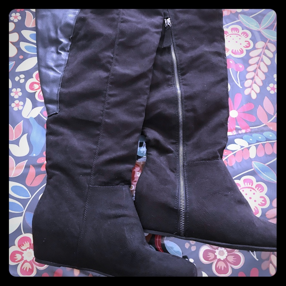 New black wedge knee high plus size boots 10